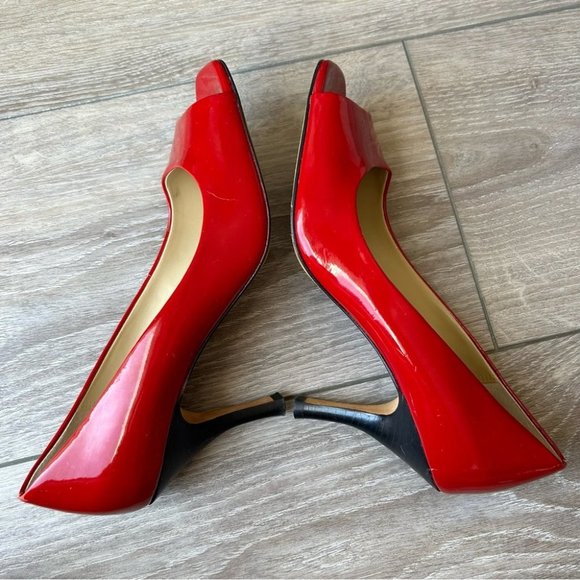 Tahari RIDDLE Red Patent  Leather Heels Open Square Toe Pumps - Picture 7 of 15